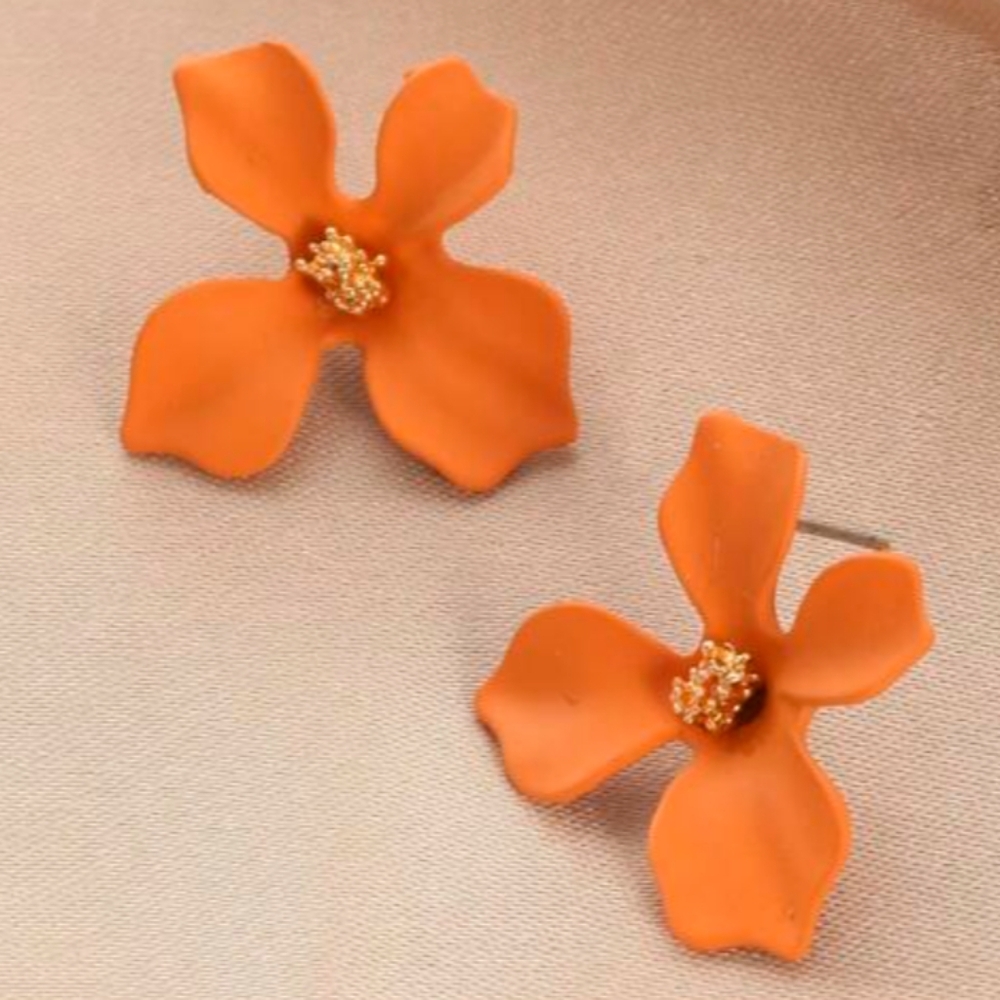 Orange Flower Post Earrings 3D Autumn Floral Pretty Feminine Floral New